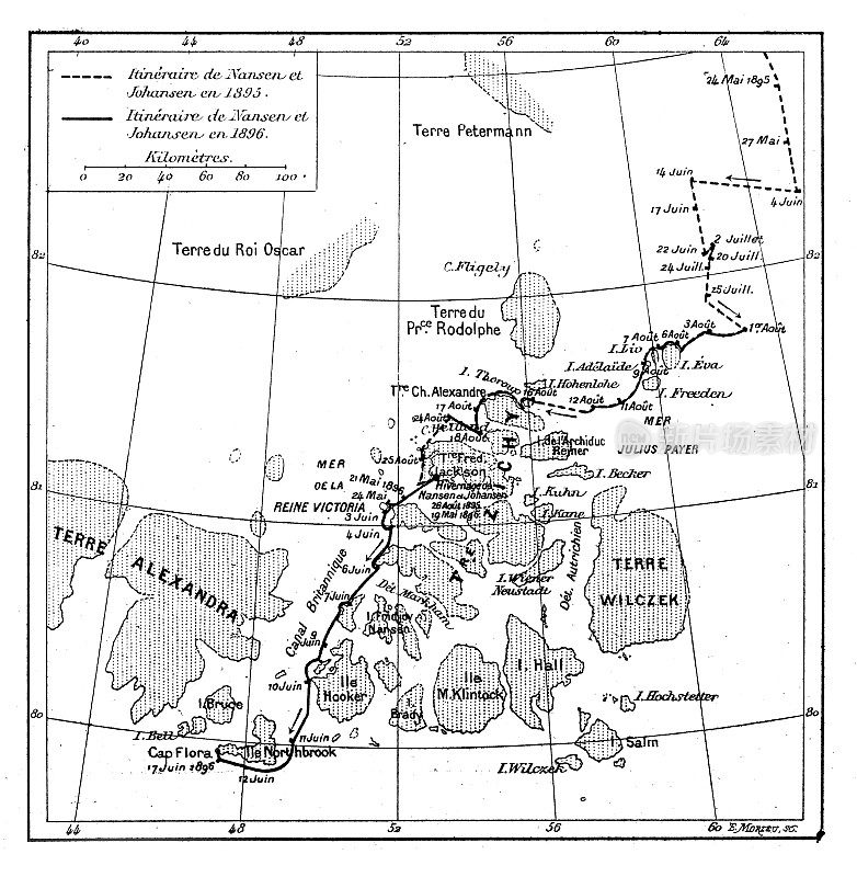 古董插图:Fridtjof Nansen北极探险队，弗朗茨约瑟夫陆地地图